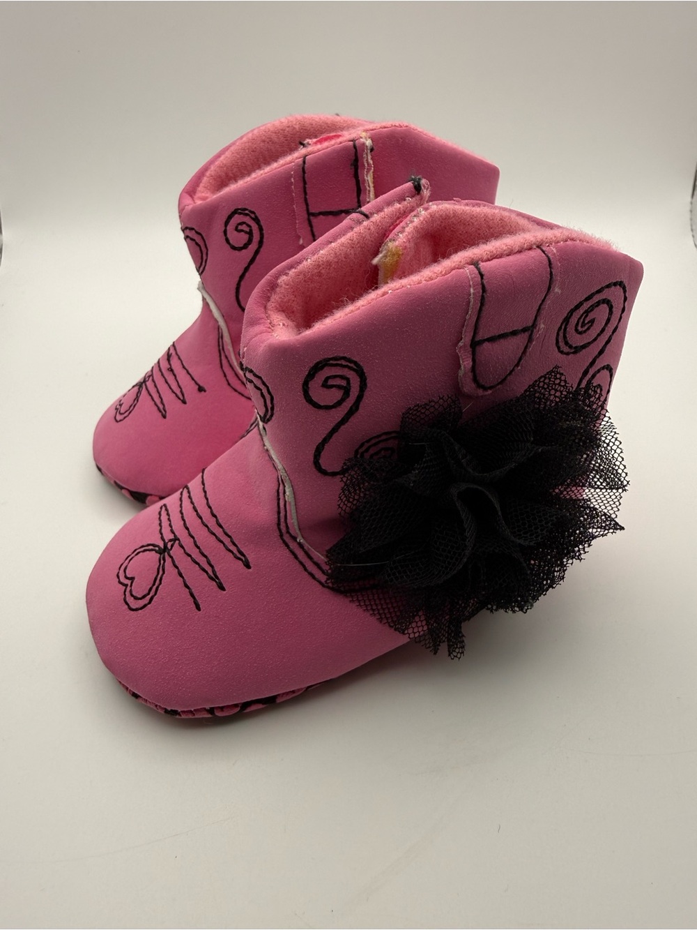 Baby Essentials Pink Infant Cowgirl Boots Booties wit Black Accent Baby Size 0-6